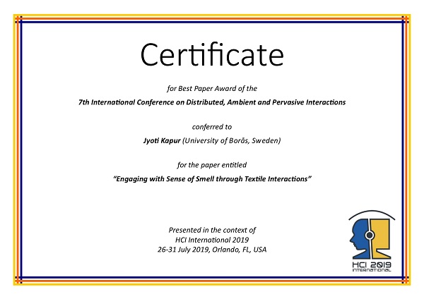 Certificate for best paper award of the 7th International Conference on Distributed, Ambient and Pervasive Interactions. Details in text following the image