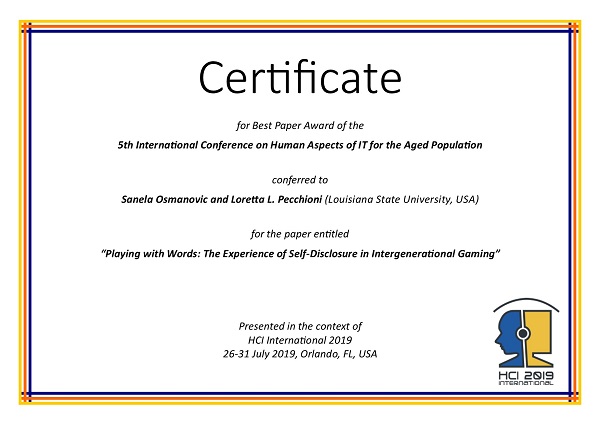 Certificate for best paper award of the 5th International Conference on Human Aspects of IT for the Aged Population. Details in text following the image
