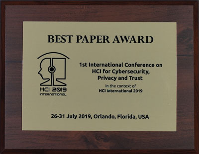 HCI for Cybersecurity, Privacy and Trust Best Paper Award. Details in text following the image.
