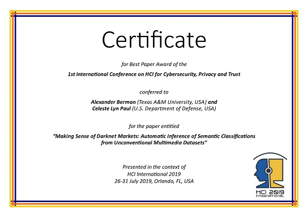 Certificate for best paper award of the 1st International Conference on HCI for Cybersecurity, Privacy and Trust. Details in text following the image