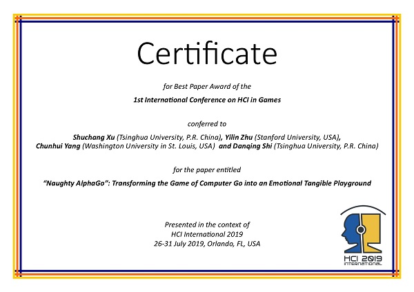 Certificate for best paper award of the 1st International Conference on HCI in Games. Details in text following the image
