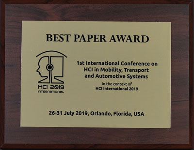 HCI in Mobility, Transport and Automotive Systems Best Paper Award. Details in text following the image.