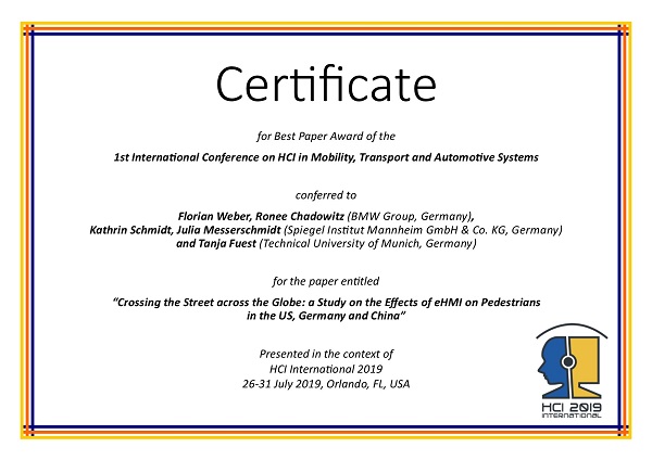 Certificate for best paper award of the 1st International Conference on HCI in Mobility, Transport and Automotive Systems. Details in text following the image
