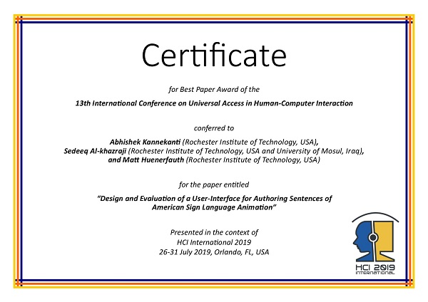 Certificate for best paper award of the 13th International Conference on Universal Access in Human-Computer Interaction. Details in text following the image