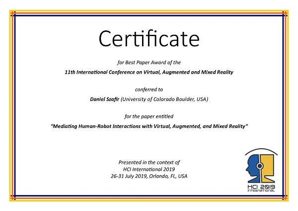 Certificate for best paper award of the 11th International Conference on Virtual, Augmented and Mixed Reality. Details in text following the image