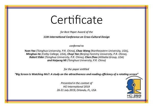 Certificate for best paper award of the 11th International Conference on Cross-Cultural Design. Details in text following the image