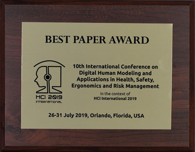 Digital Human Modeling & Applications in Health, Safety, Ergonomics & Risk Management Best Paper Award. Details in text following the image.