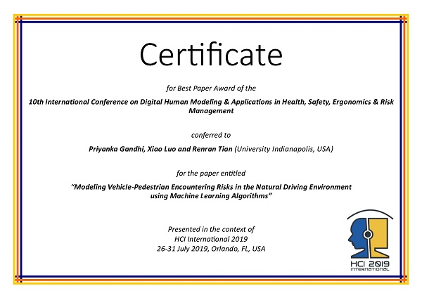 Certificate for best paper award of the 10th International Conference on Digital Human Modeling & Applications in Health, Safety, Ergonomics & Risk Management. Details in text following the image