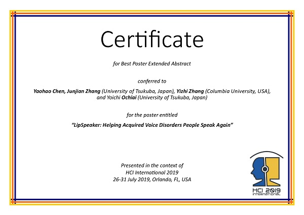 Certificate for Best Poster Extended Abstract . Details in text following the image