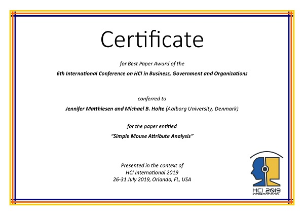 Certificate for best paper award of the 6th International Conference on HCI in Business, Government and Organizations. Details in text following the image