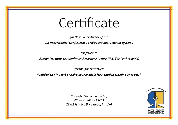 Certificate for best paper award of the 1st International Conference on Adaptive Instructional Systems. Details in text following the image
