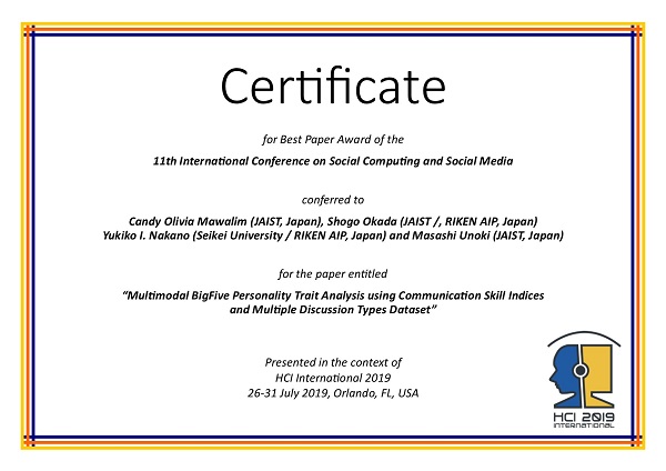 Certificate for best paper award of the 11th International Conference on Social Computing and Social Media. Details in text following the image